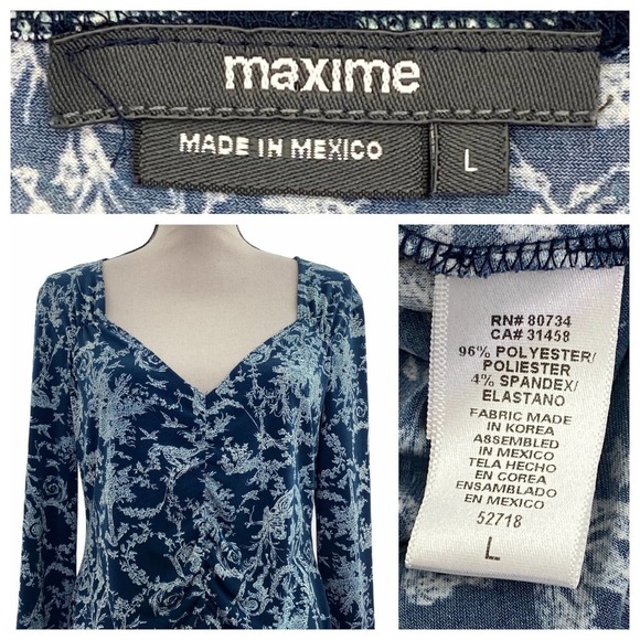MAXIME Navy Blue Floral Long Sleeve Top Size Large - Picture 13 of 13